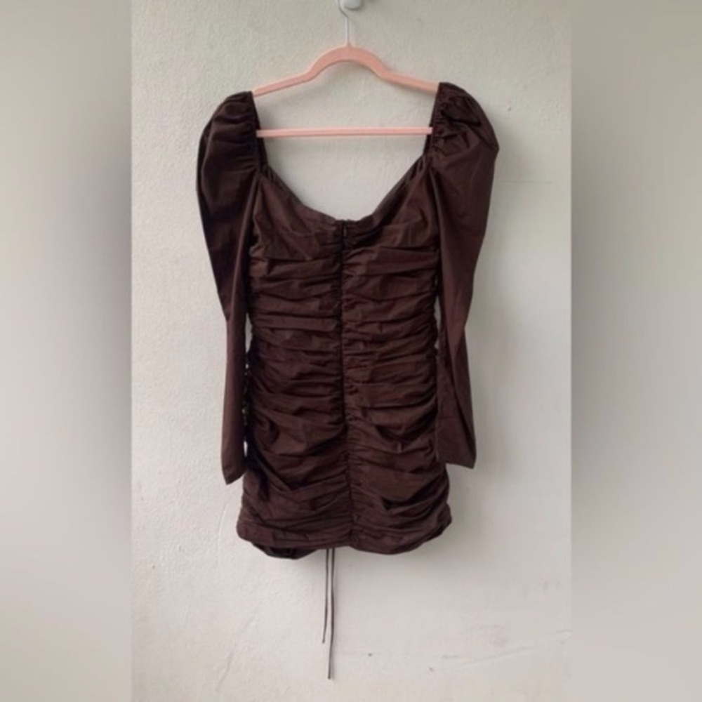 ZARA Women Studio. Chocolate Brown Long sleeve Ruched Mini Dress. Size M. Sexy! - Picture 9 of 11